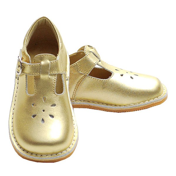 Toddler Little Girl Gold T Strap Buckle Flower Cut Out Dress Shoe 5-2 - SophiasStyle.com